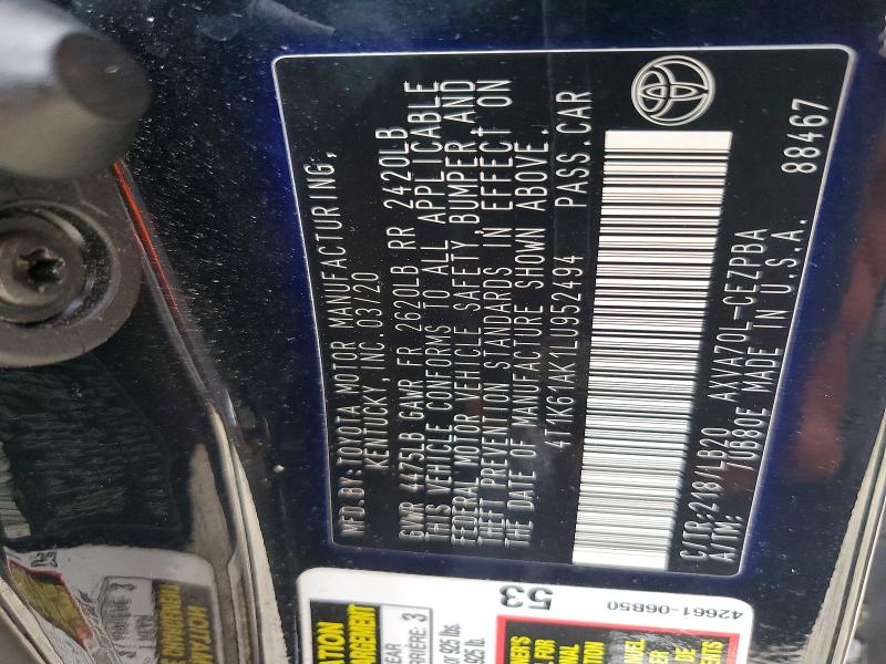55220806 :رقم المزاد ، 4T1K61AK1LU952494 vin ، 2020 Toyota Camry مزاد بيع