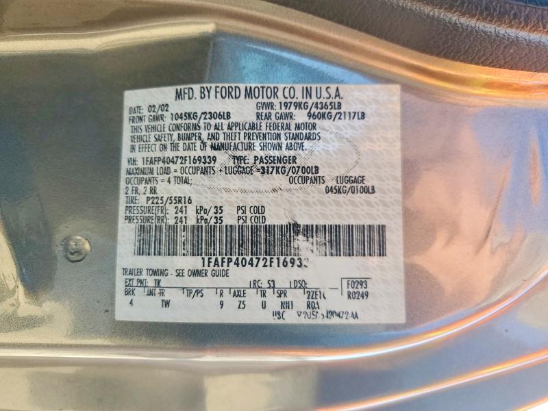 2002 Ford Mustang მანქანა იყიდება აუქციონზე, vin: 1FAFP40472F169339, აუქციონის ნომერი: 53185986