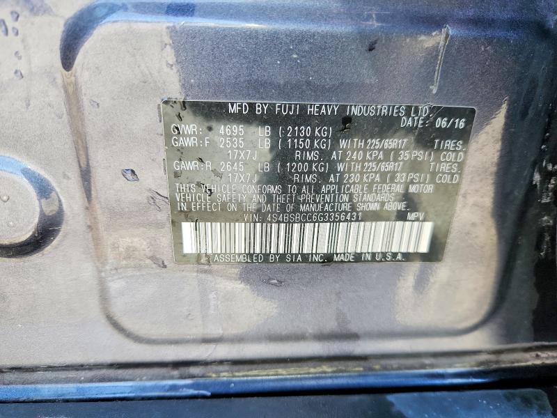 52734706 :رقم المزاد ، 4S4BSBCC6G3356431 vin ، 2016 Subaru Outback مزاد بيع