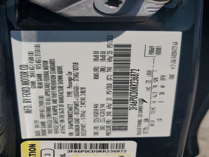 51613026 :رقم المزاد ، 3FA6P0CD0KR236872 vin ، 2019 Ford Fusion مزاد بيع
