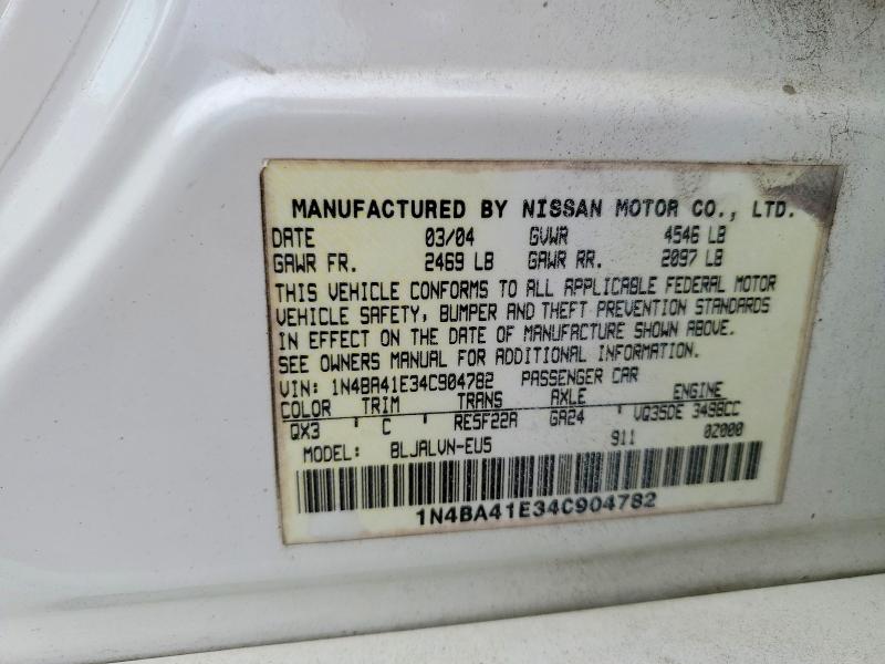2004 Nissan Maxima მანქანა იყიდება აუქციონზე, vin: 1N4BA41E34C904782, აუქციონის ნომერი: 52938766