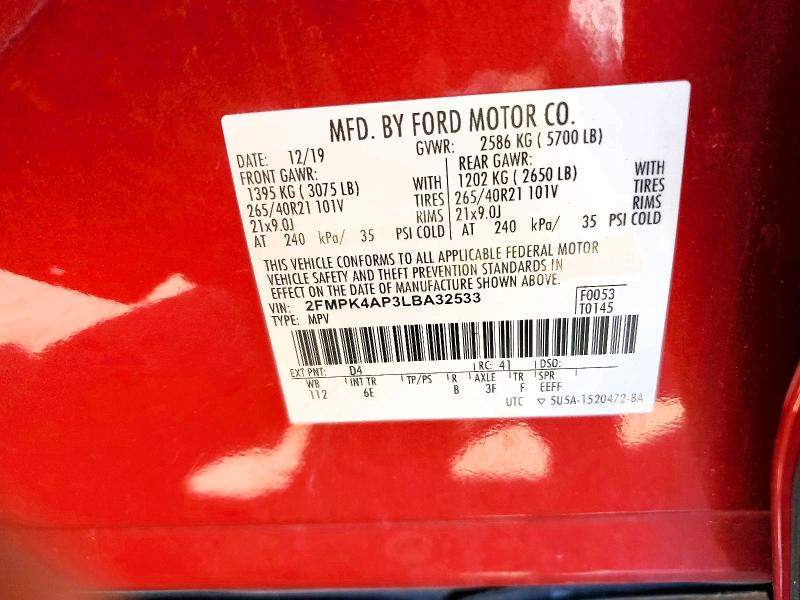 Auction sale of the 2020 Ford Edge, vin: 2FMPK4AP3LBA32533, lot number: 52131756