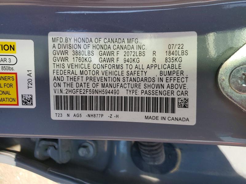 Продажа на аукционе авто 2022 Honda Civic, vin: 2HGFE2F59NH594490, номер лота: 52229496