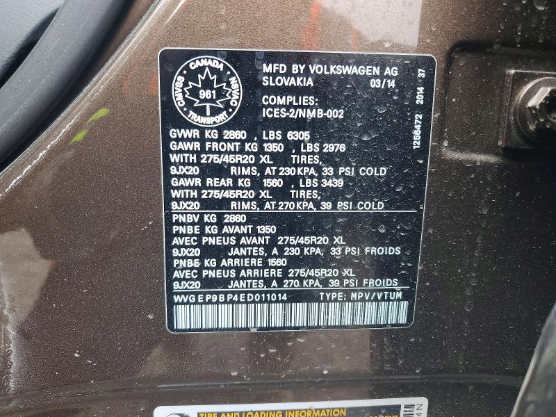 51812266 :رقم المزاد ، WVGEP9BP4ED011014 vin ، 2014 Volkswagen Touareg مزاد بيع