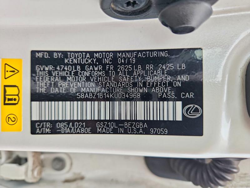 2019 Lexus Es მანქანა იყიდება აუქციონზე, vin: 58ABZ1B14KU034968, აუქციონის ნომერი: 54926156