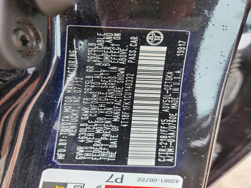 Продажа на аукционе авто 2012 Toyota Camry, vin: 4T1BF1FK1CU140332, номер лота: 52774696