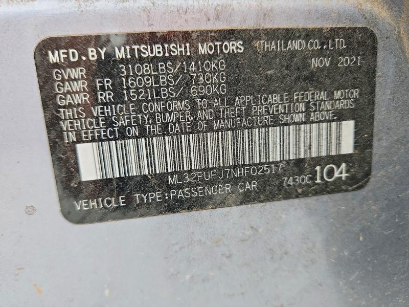 2022 Mitsubishi Mirage მანქანა იყიდება აუქციონზე, vin: ML32FUFJ7NHF02517, აუქციონის ნომერი: 53978926