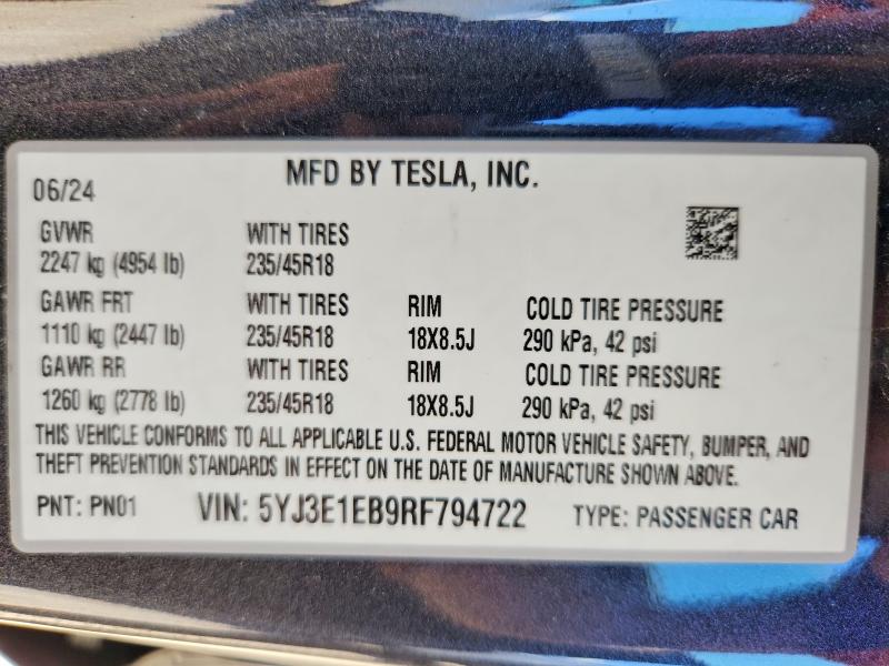 Aukcja sprzedaży 2024 Tesla Model 3, vin: 5YJ3E1EB9RF794722, numer aukcji: 55367266