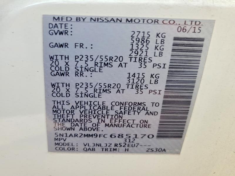 2015 Nissan Pathfinder მანქანა იყიდება აუქციონზე, vin: 5N1AR2MM9FC685170, აუქციონის ნომერი: 53130186