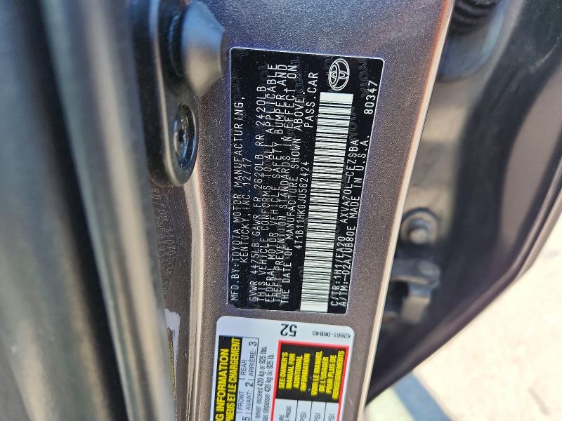Auction sale of the 2018 Toyota Camry, vin: 4T1B11HK0JU562424, lot number: 53074076