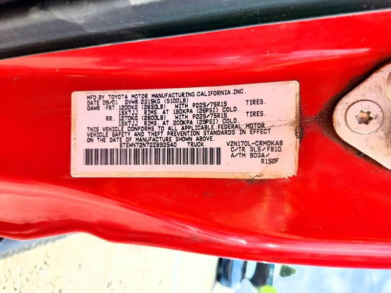 2002 Toyota Tacoma მანქანა იყიდება აუქციონზე, vin: 5TEWN72N72Z892540, აუქციონის ნომერი: 52898186