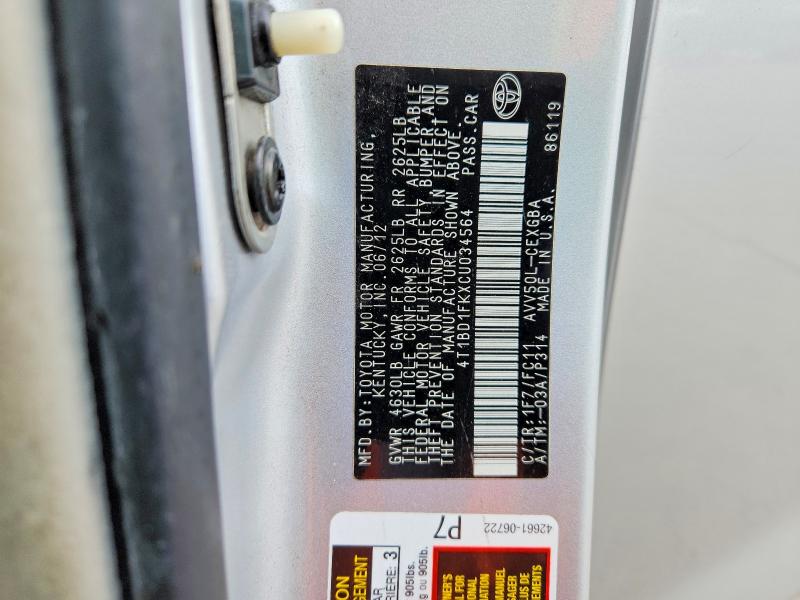 55386046 :رقم المزاد ، 4T1BD1FKXCU034564 vin ، 2012 Toyota Camry Hybrid مزاد بيع
