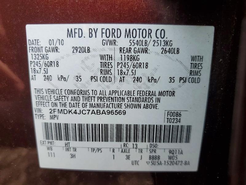 Продаж на аукціоні авто 2010 Ford Edge, vin: 2FMDK4JC7ABA96569, номер лоту: 52293436