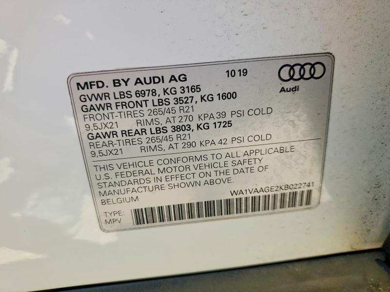 2019 Audi E-tron მანქანა იყიდება აუქციონზე, vin: WA1VAAGE2KB022741, აუქციონის ნომერი: 52565156