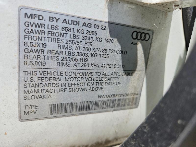 52945416 :رقم المزاد ، WA1AXBF73ND013044 vin ، 2022 Audi Q7 مزاد بيع