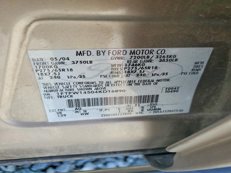 2004 Ford F150 მანქანა იყიდება აუქციონზე, vin: 1FTPW14504KD16890, აუქციონის ნომერი: 54243706