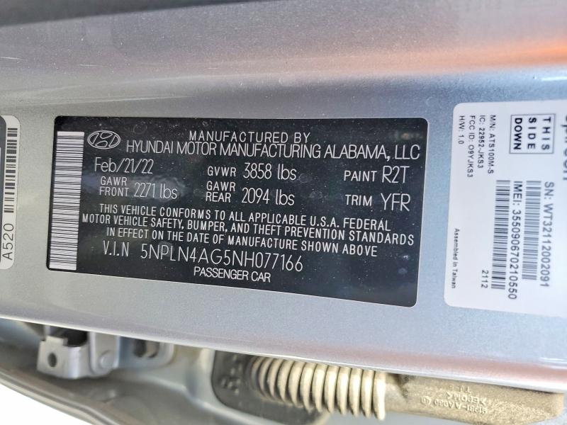 Aukcja sprzedaży 2022 Hyundai Elantra, vin: 5NPLN4AG5NH077166, numer aukcji: 54875336