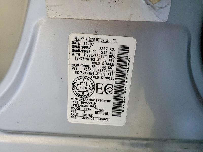 2009 Nissan Murano მანქანა იყიდება აუქციონზე, vin: JN8AZ18W19W106268, აუქციონის ნომერი: 54342566