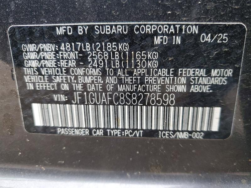 52836696 :رقم المزاد ، JF1GUAFC8S8278598 vin ، 2025 Subaru Impreza مزاد بيع