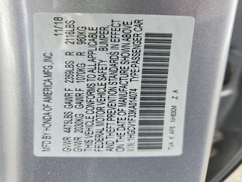 54911496 :رقم المزاد ، 1HGCV1F33KA014074 vin ، 2019 Honda Accord مزاد بيع