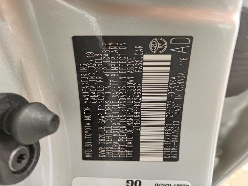 2019 Toyota Corolla მანქანა იყიდება აუქციონზე, vin: 2T1BURHE6KC246657, აუქციონის ნომერი: 54788556