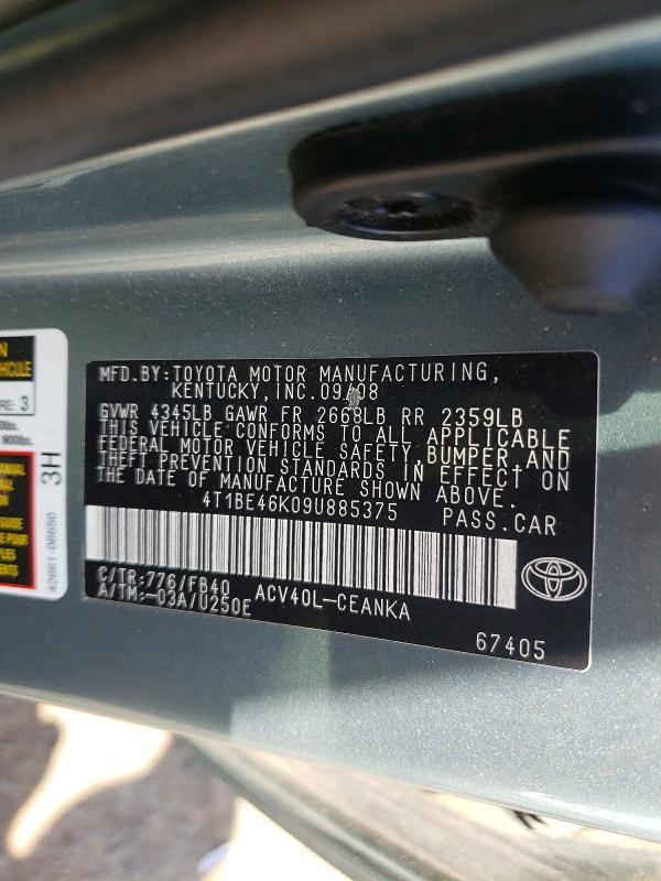 Aukcja sprzedaży 2009 Toyota Camry, vin: 4T1BE46K09U885375, numer aukcji: 51750186