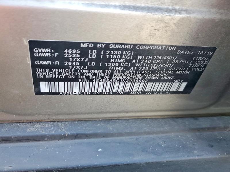 Продаж на аукціоні авто 2019 Subaru Outback, vin: 4S4BSABC1K3236993, номер лоту: 53780656