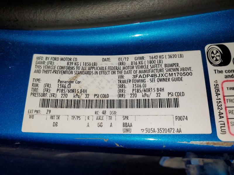 2012 Ford Fiesta მანქანა იყიდება აუქციონზე, vin: 3FADP4BJXCM170500, აუქციონის ნომერი: 52228596