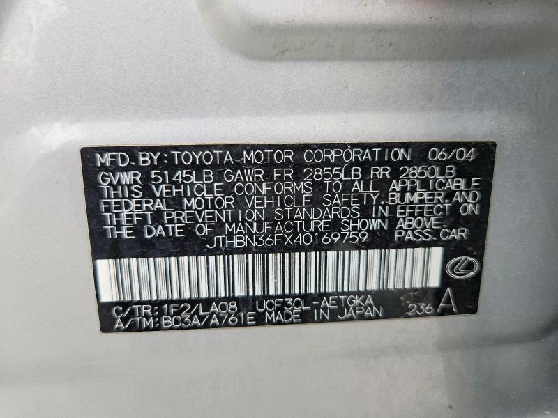 Aukcja sprzedaży 2004 Lexus Ls, vin: JTHBN36FX40169759, numer aukcji: 55166716