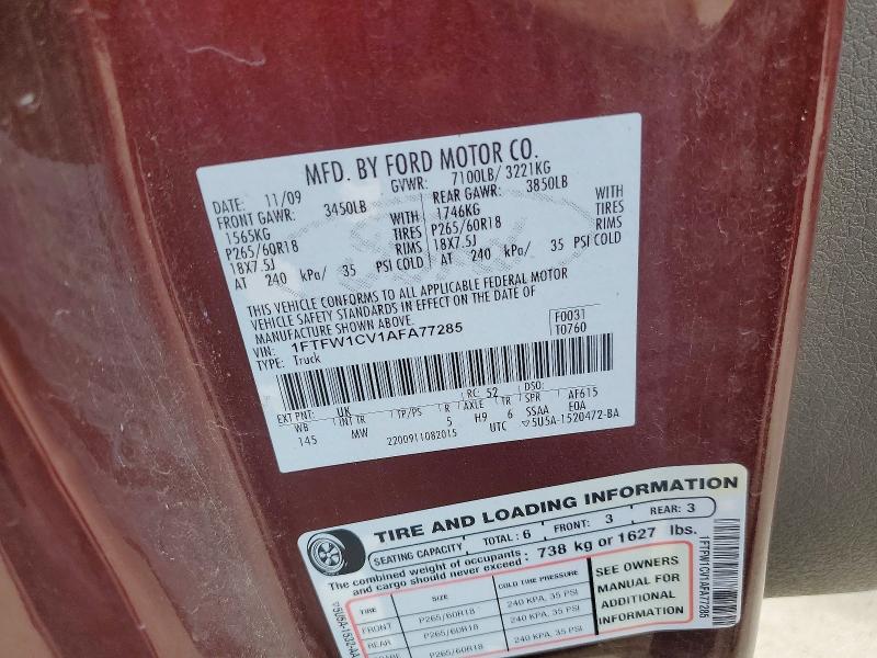 54729916 :رقم المزاد ، 1FTFW1CV1AFA77285 vin ، 2010 Ford F150 مزاد بيع