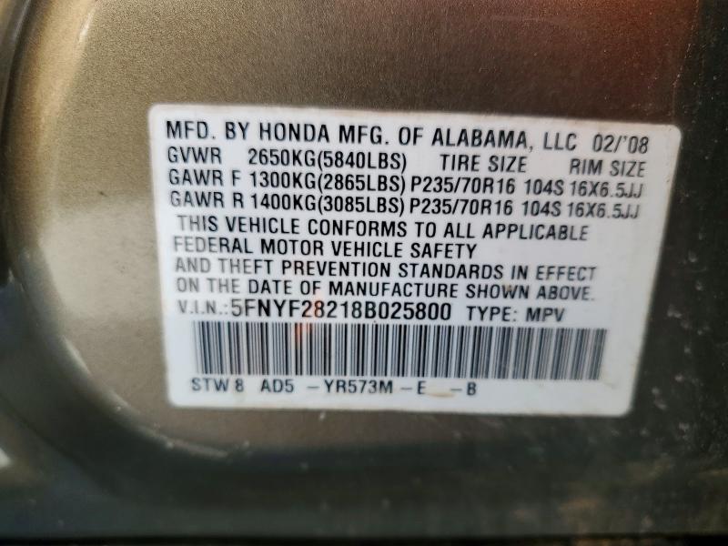 Продаж на аукціоні авто 2008 Honda Pilot, vin: 5FNYF28218B025800, номер лоту: 52314756