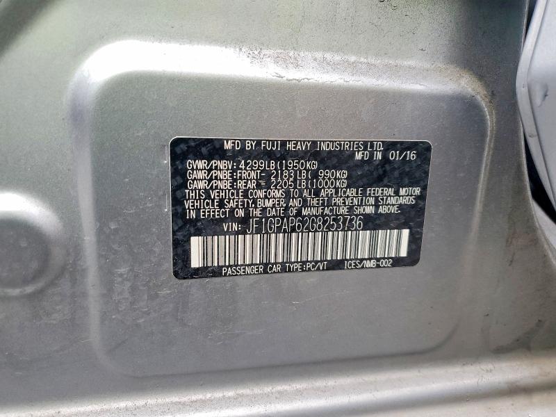 2016 Subaru Impreza მანქანა იყიდება აუქციონზე, vin: JF1GPAP62G8253736, აუქციონის ნომერი: 53932766