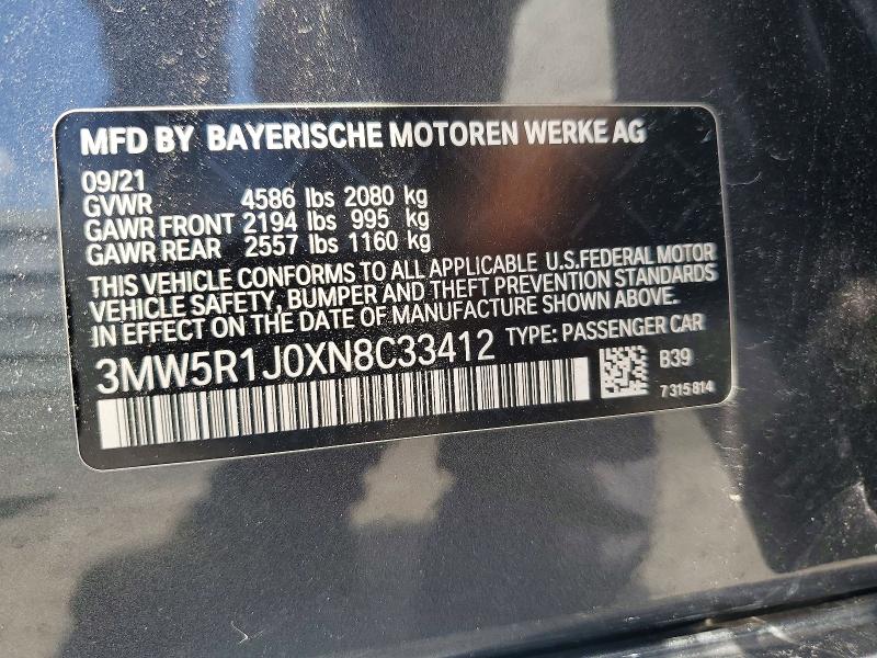 2022 Bmw 330i მანქანა იყიდება აუქციონზე, vin: 3MW5R1J0XN8C33412, აუქციონის ნომერი: 54793666