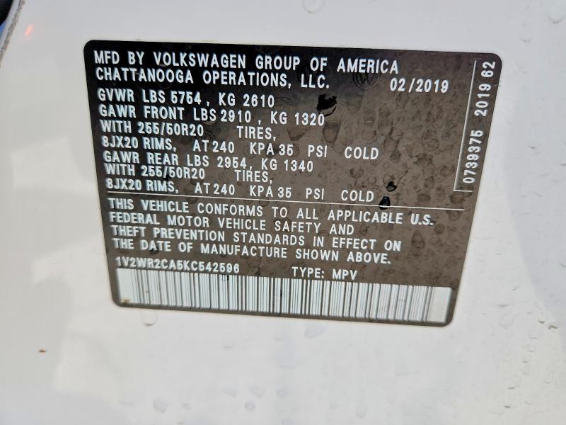 53573026 :رقم المزاد ، 1V2WR2CA5KC542596 vin ، 2019 Volkswagen Atlas مزاد بيع