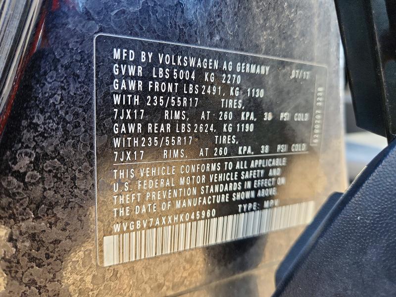 Auction sale of the 2017 Volkswagen Tiguan, vin: WVGBV7AXXHK045960, lot number: 53613136
