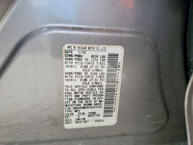 54076956 :رقم المزاد ، JN8AS5MVXFW253743 vin ، 2015 Nissan Rogue Select مزاد بيع