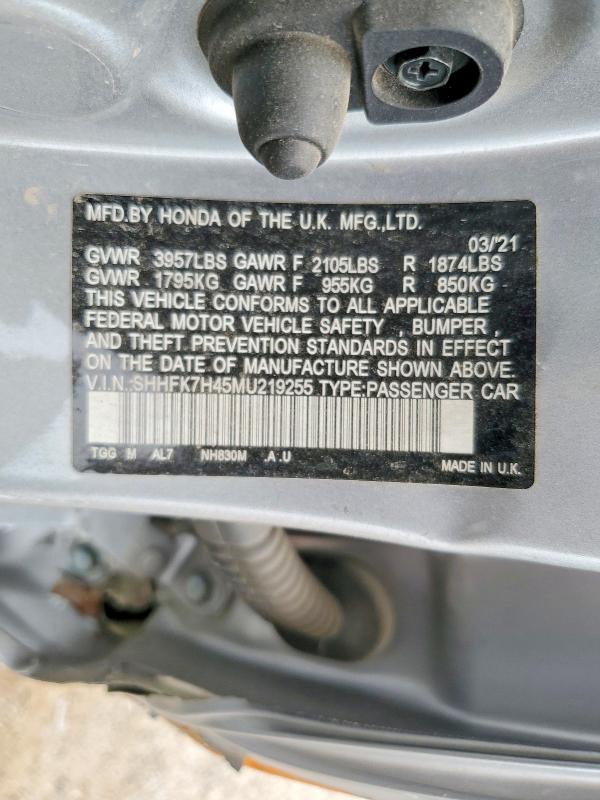 2021 Honda Civic მანქანა იყიდება აუქციონზე, vin: SHHFK7H45MU219255, აუქციონის ნომერი: 54926236