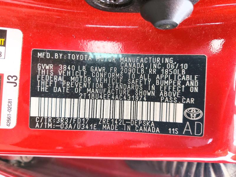 2010 Toyota Corolla მანქანა იყიდება აუქციონზე, vin: 2T1BU4EE4AC431974, აუქციონის ნომერი: 54338036