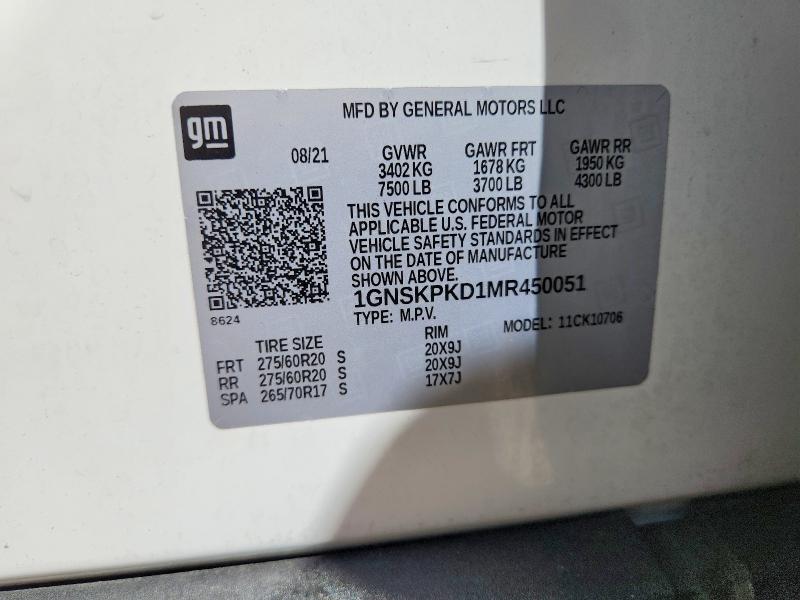2021 Chevrolet Tahoe მანქანა იყიდება აუქციონზე, vin: 1GNSKPKD1MR450051, აუქციონის ნომერი: 53277836