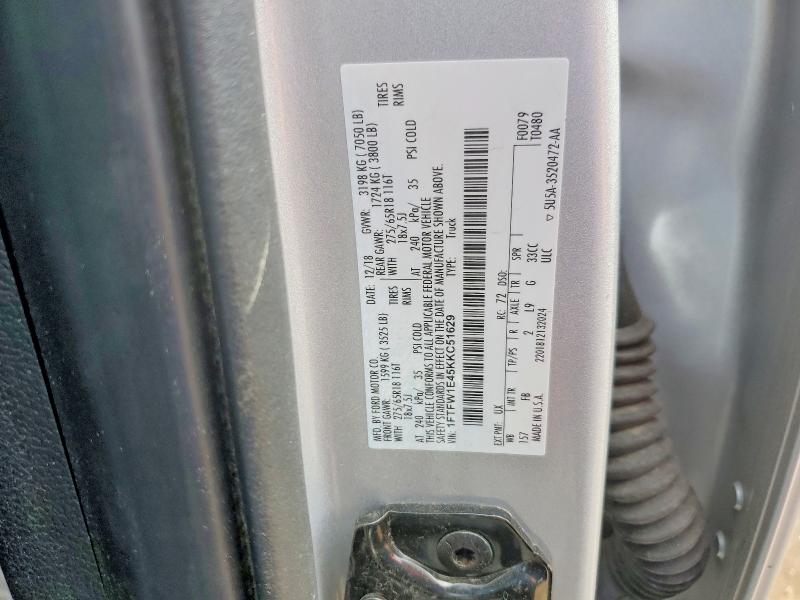 2019 Ford F150 მანქანა იყიდება აუქციონზე, vin: 1FTFW1E45KKC51629, აუქციონის ნომერი: 53043976