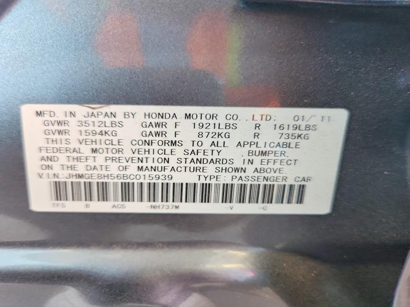 2011 Honda Fit მანქანა იყიდება აუქციონზე, vin: JHMGE8H56BC015939, აუქციონის ნომერი: 53104456