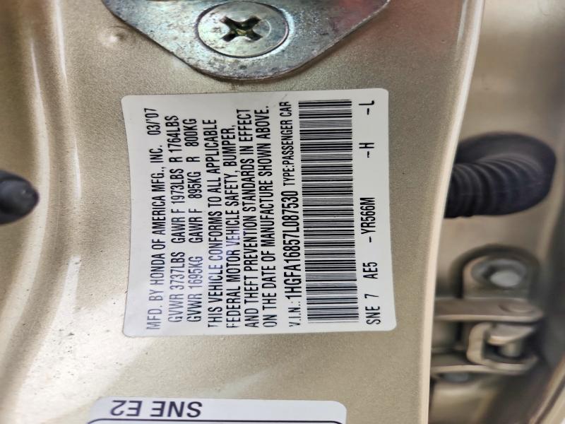 52449246 :رقم المزاد ، 1HGFA16857L087530 vin ، 2007 Honda Civic مزاد بيع