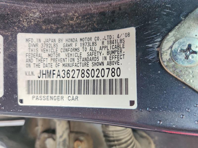 54794896 :رقم المزاد ، JHMFA36278S020780 vin ، 2008 Honda Civic مزاد بيع