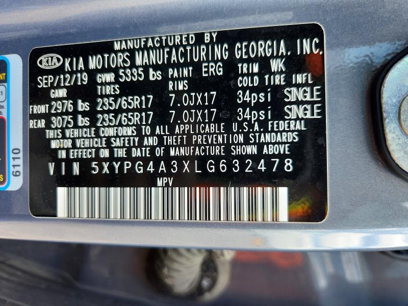 53004316 :رقم المزاد ، 5XYPG4A3XLG632478 vin ، 2020 Kia Sorento مزاد بيع