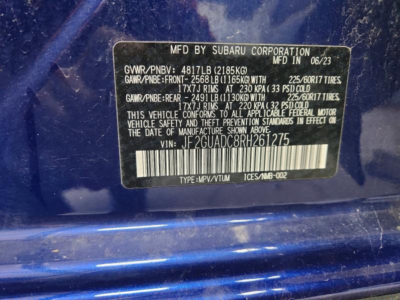 2024 Subaru Crosstrek მანქანა იყიდება აუქციონზე, vin: JF2GUADC8RH261275, აუქციონის ნომერი: 53782446