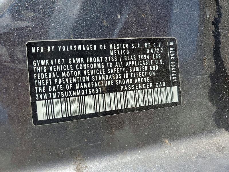 Продаж на аукціоні авто 2022 Volkswagen Jetta, vin: 3VW7M7BUXNM015697, номер лоту: 53224916