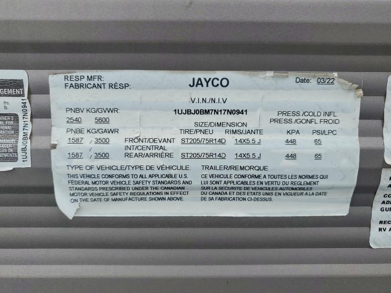 54290496 :رقم المزاد ، 1UJBJ0BM7N17N0941 vin ، 2022 Jay Flight Slx مزاد بيع