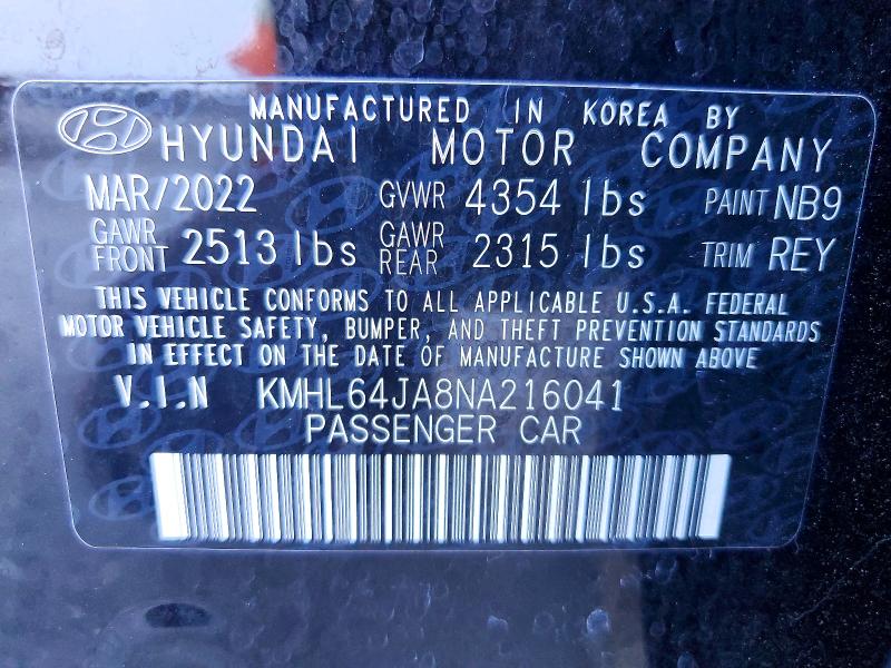 52479666 :رقم المزاد ، KMHL64JA8NA216041 vin ، 2022 Hyundai Sonata مزاد بيع