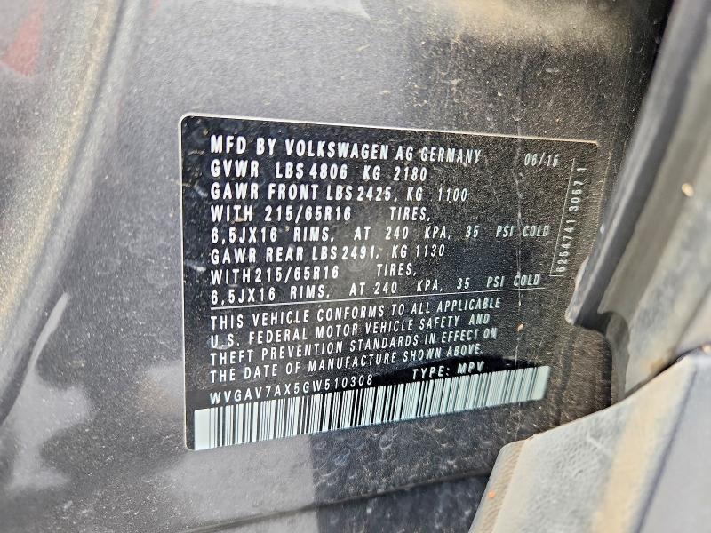 Aukcja sprzedaży 2016 Volkswagen Tiguan, vin: WVGAV7AX5GW510308, numer aukcji: 54331936