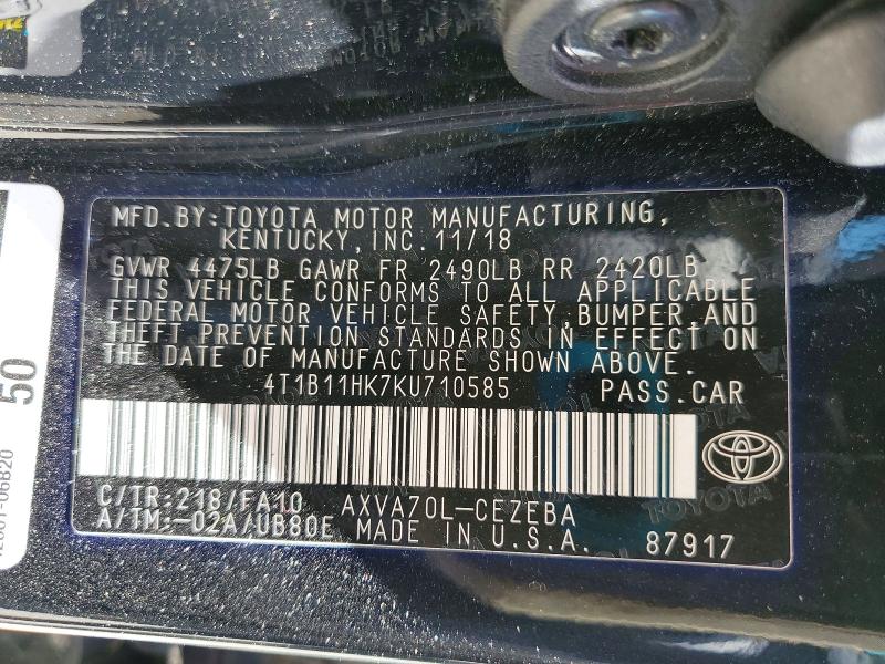Продаж на аукціоні авто 2019 Toyota Camry, vin: 4T1B11HK7KU710585, номер лоту: 53560366